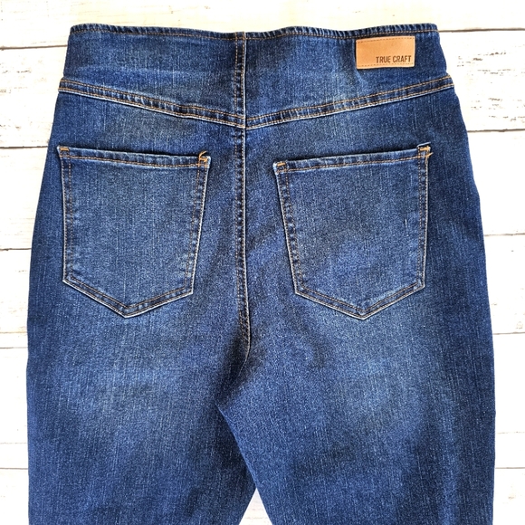 True Craft Dark Distressed Denim High Rise Flare Jeans Pull on Elastic Waistband - Picture 4 of 7